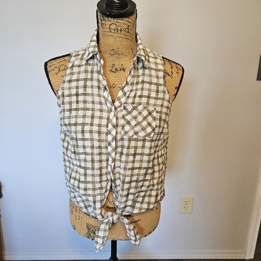 J Jill Sleeveless Green White Check Tie Front Summer Top Size XS Petite